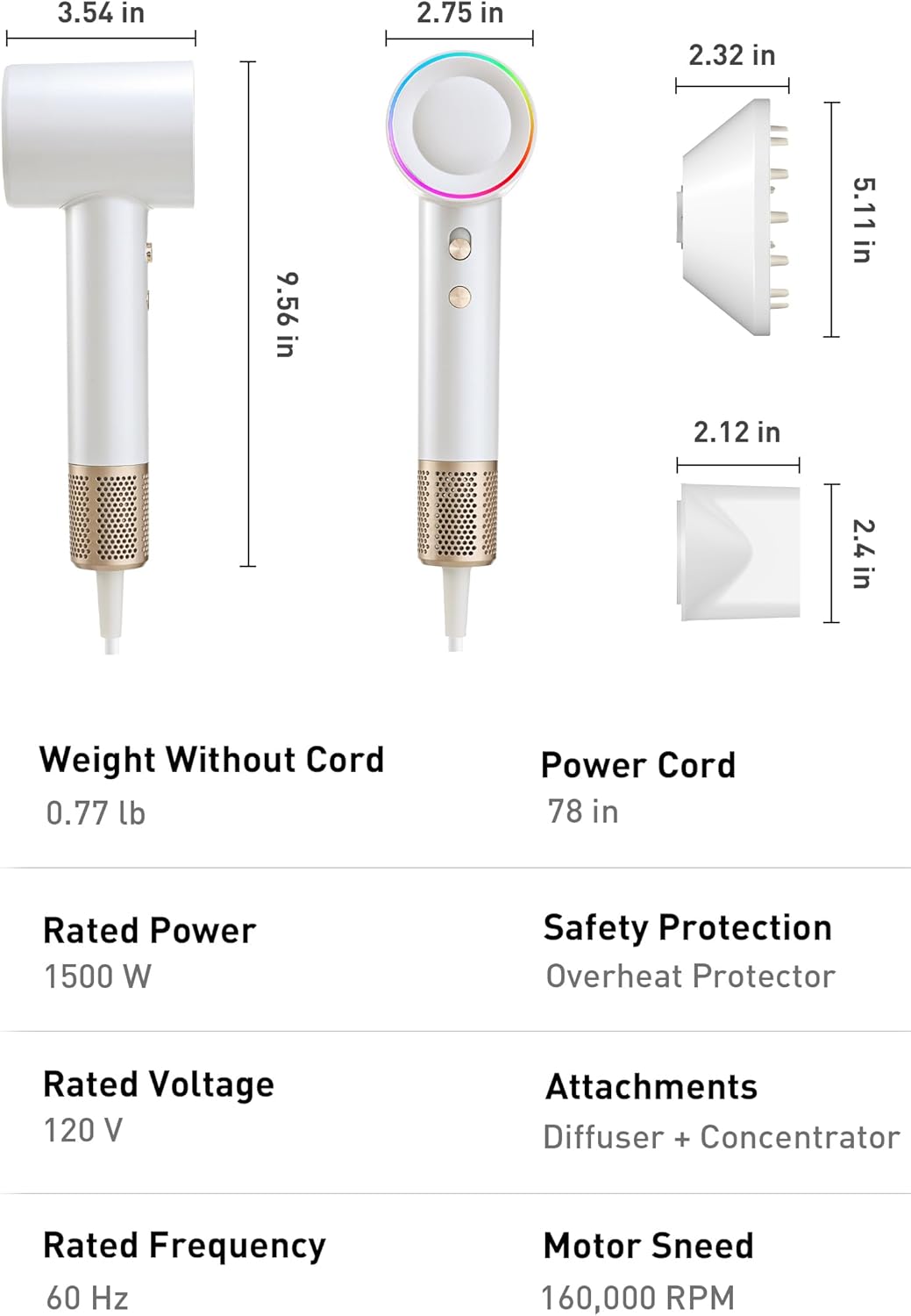High-Speed Hair Dryer - 160,000 RPM Brushless Motor for Fast Drying | Ionic Frizz Control, Low Noise, Diffuser Included, White