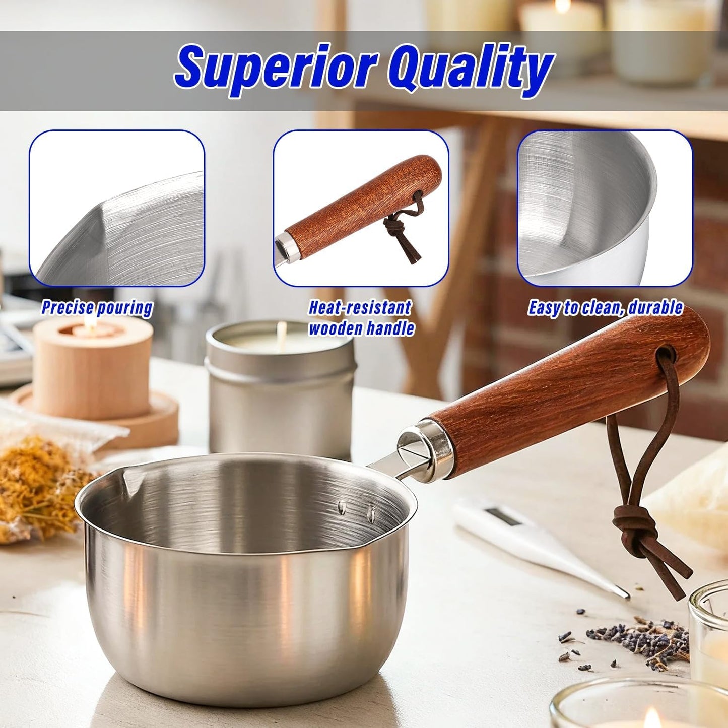 Wooden Handle Wax Melting Pot for Candle Making, Stainless Steel Pouring Pitcher with Spout, Heat-Resistant Handle for Melting Soy Wax, Beeswax, Ideal Candle Making Supplies for Beginners & Pros