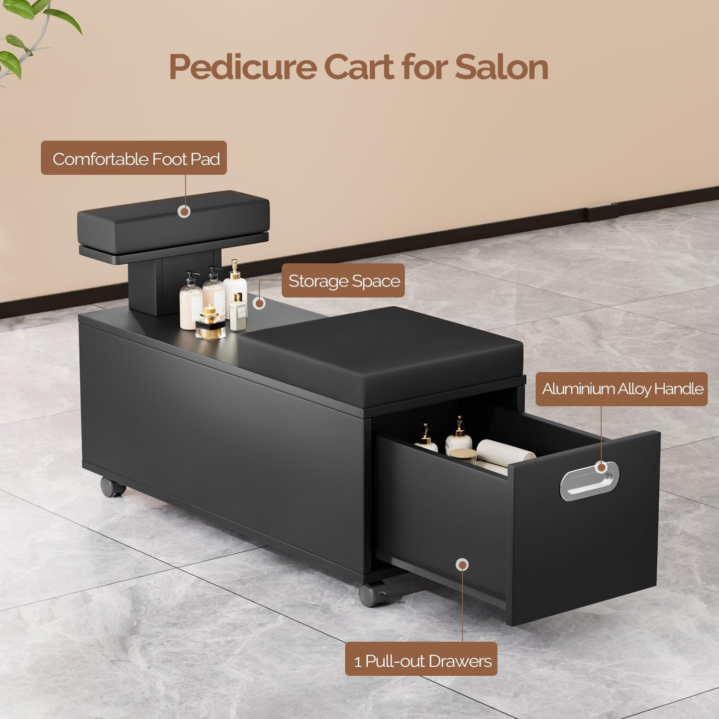 OmySalon Pedicure Cart, Foot Bath Trolley with Storage Drawer & Foot Rest, Pedicure Chair Stool for Esthetician Manicure & Foot Massage, Beauty Spa Salon with Locking Wheels, Black