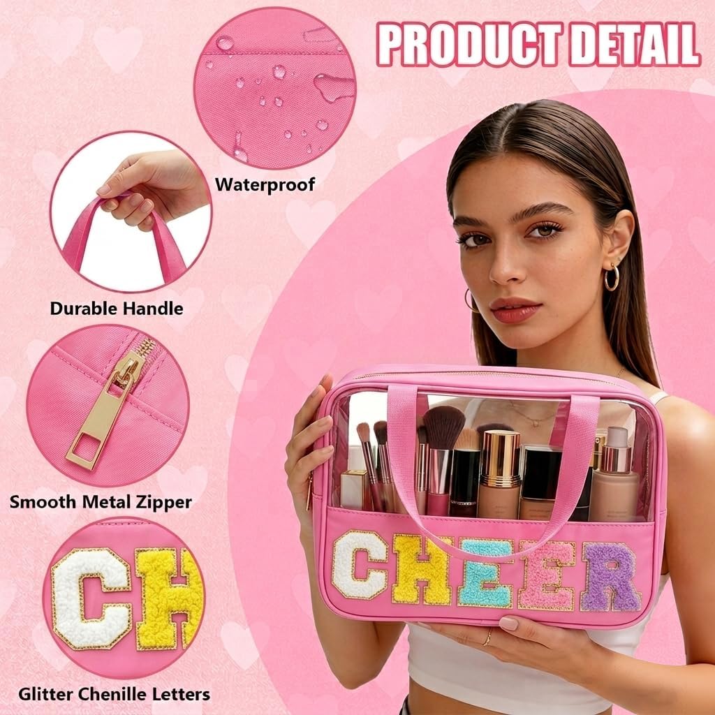 Cheer Makeup Bag - Chenille Letter Patch Clear Cosmetic Organizer | Waterproof Nylon Toiletry Bag for Cheerleaders