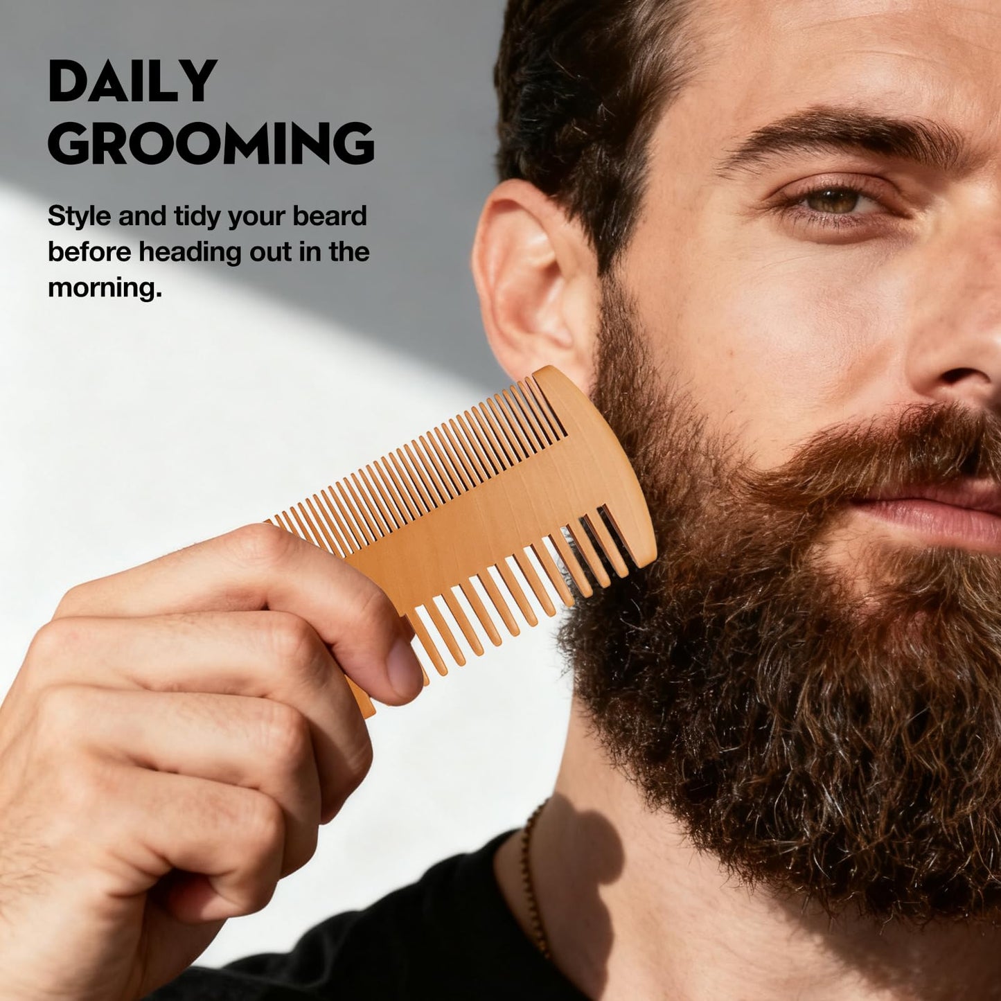 Peach Wood Beard Comb – Dual-Sided Comb for Fine & Coarse Teeth, Ideal for Beard & Mustache & Hair Grooming, with Leather Case