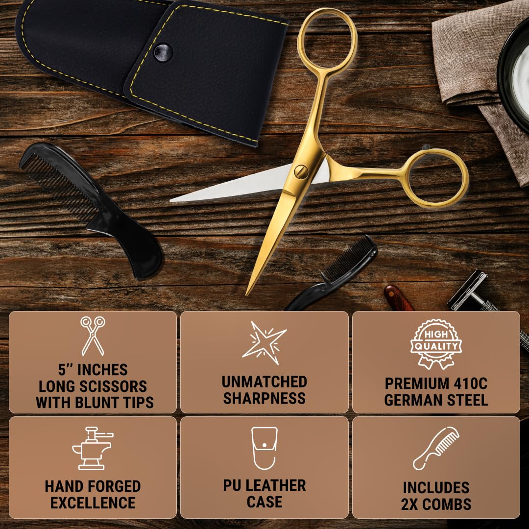 Ontaki Beard & Mustache Scissors for Men - 5inch, Gold Brass - 410C German Steel Durable, Ergonomic Design Travel Friendly Facial Hair Scissors - Beard Kit 2 Combs & Case Perfect for Styling