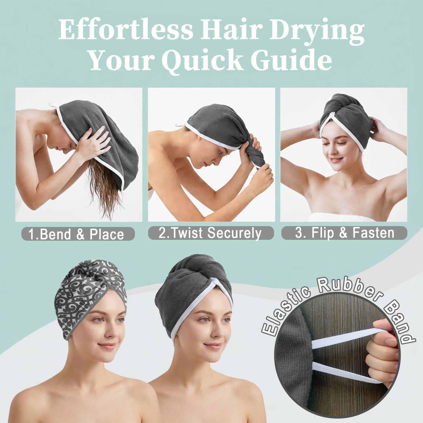 VOOVA & MOVAS Dark Gray Microfiber Hair Towel, 2-Pack Button-Free Elastic Loop Hair Turban, Ultra Soft Quick Dry Hair Wrap, Highly Absorbent Anti Frizz Towel