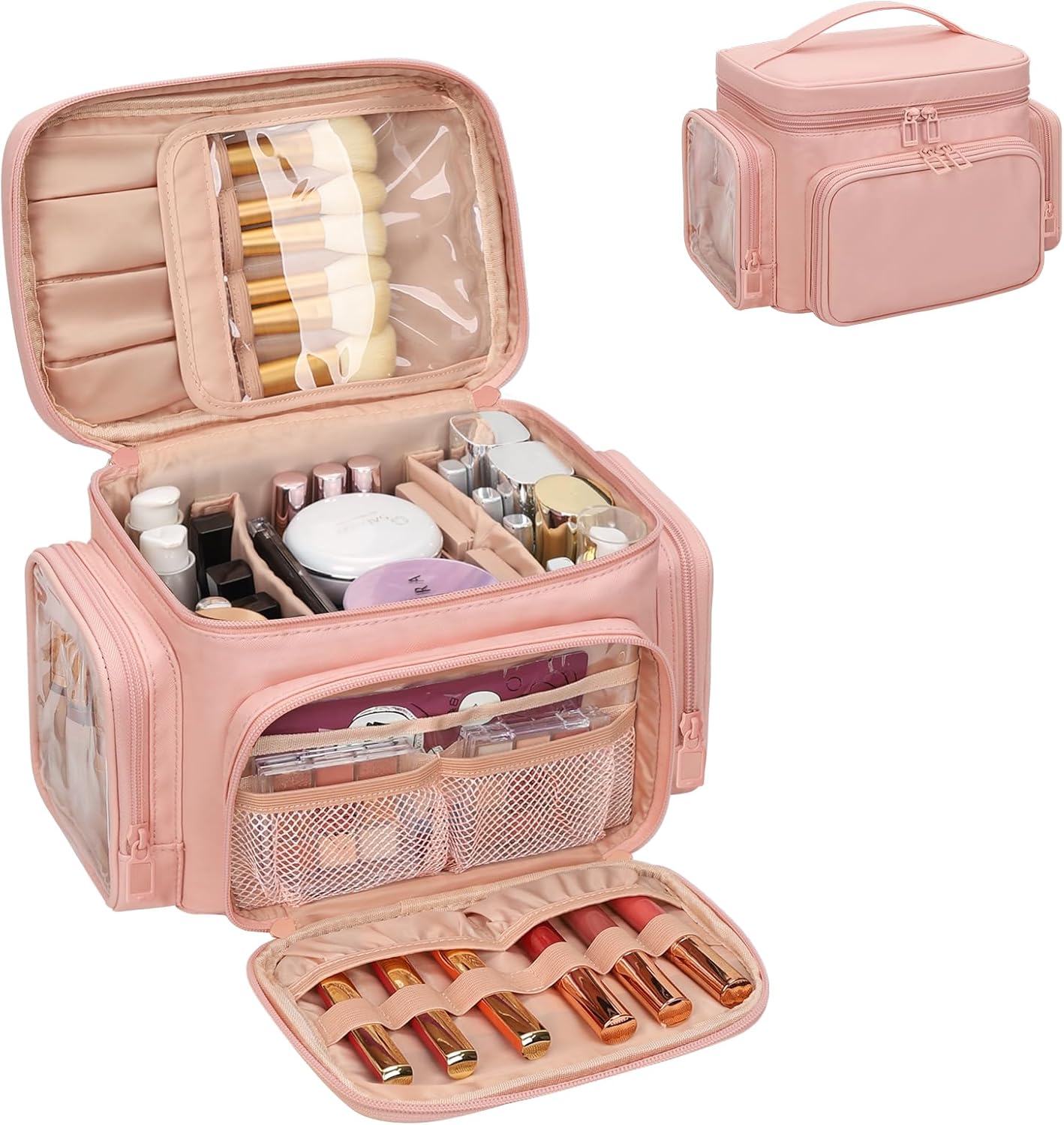 Large Makeup Bag Organizer for Women - Portable Travel Cosmetic Bag with Brush Compartment & Side Pockets | Black