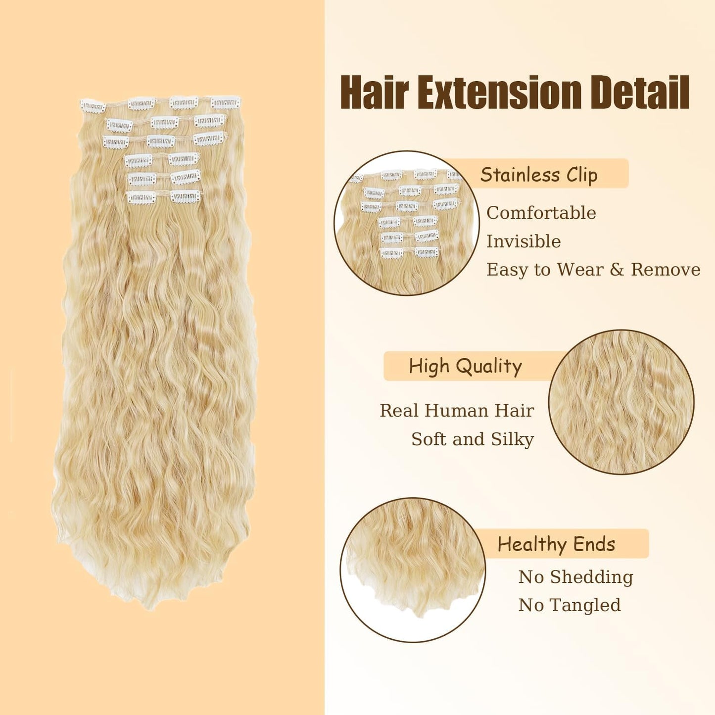 #613 Blonde Clip in Hair Extensions Real Human Hair, 32 Inch 120g/7Pcs,Full Shine Remy Human Hair,Blonde Long Wave Clip ins Brazilian Virgin Human Hair Extensions