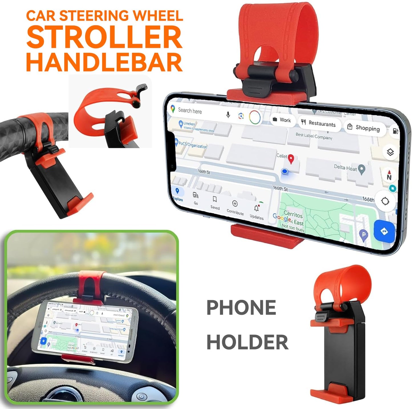Universal Car Phone Holder, Adjustable Car Steering Wheel Mobile Phone Holder Universal Cellphone Stand Mount, Bike Clip Mount, Easy to Use