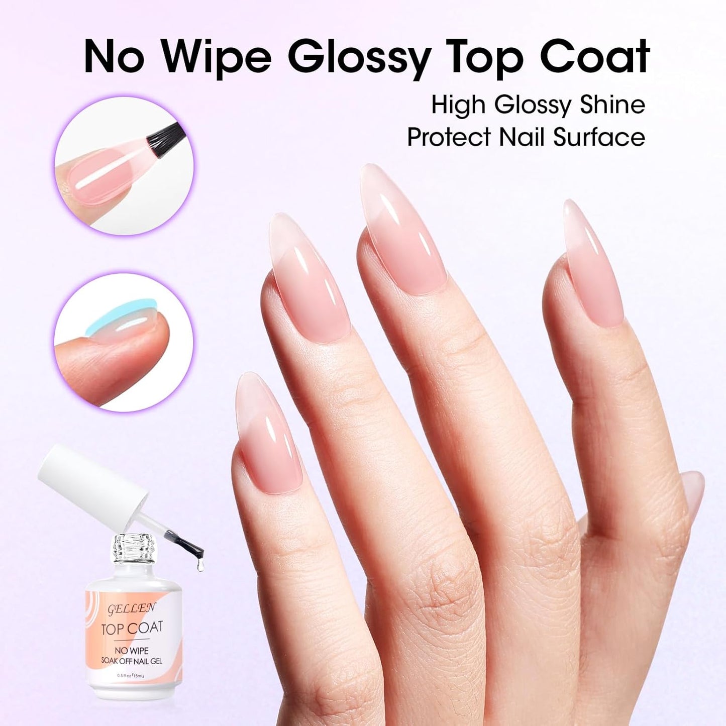 Gellen Nail Glue Gel - 5 in 1 UV Acrylic Nail Adhesive & No Wipe Top Coat | High Shine Finish for DIY Manicure