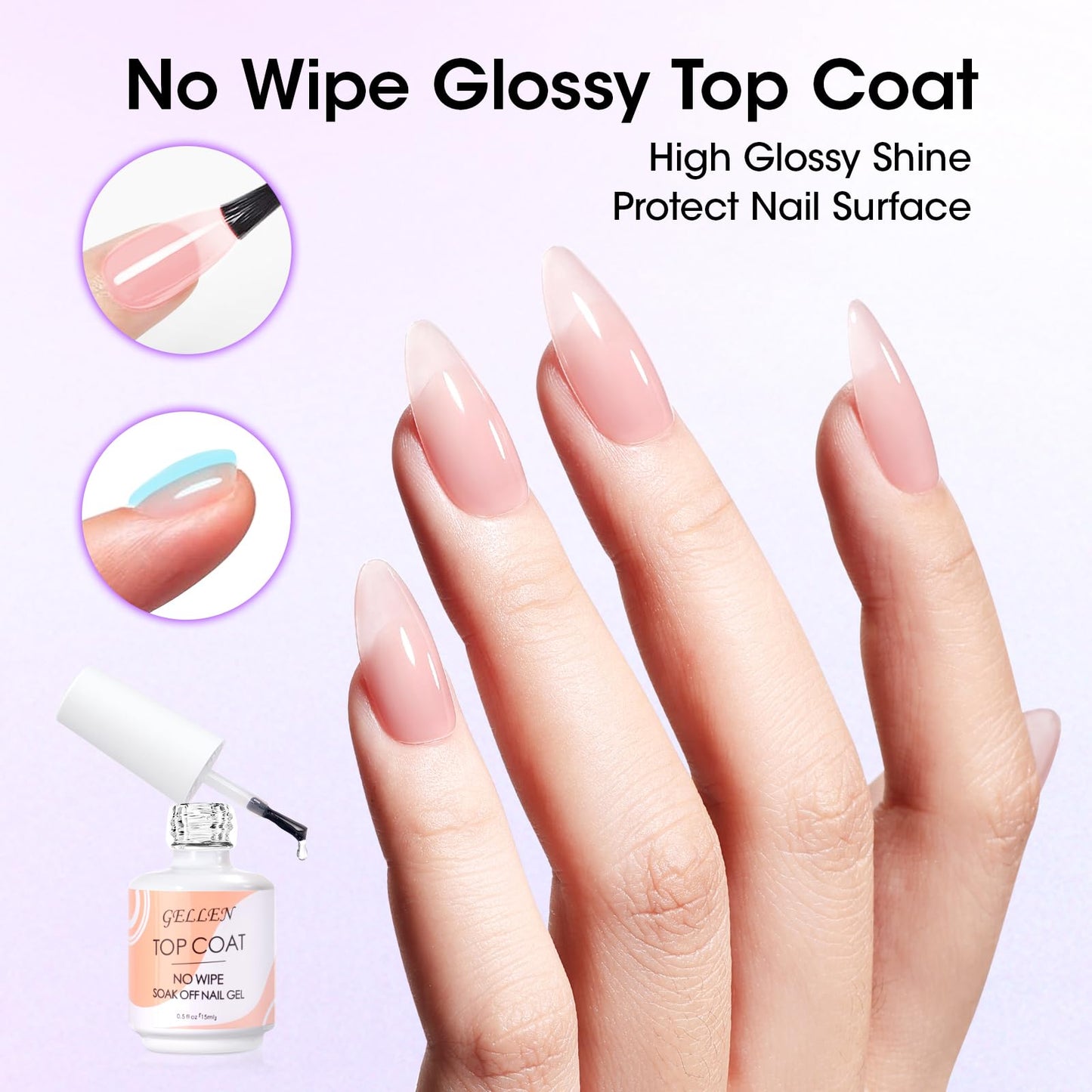 Gellen Nail Glue Gel & No Wipe Top Coat, 5 in 1 UV Nail Glue for Acrylic Nails, High Shiny Top Coat Gel, Curing Needed Extend Gel for False Tips & Clear Press on Nails, Home Salon DIY Manicure