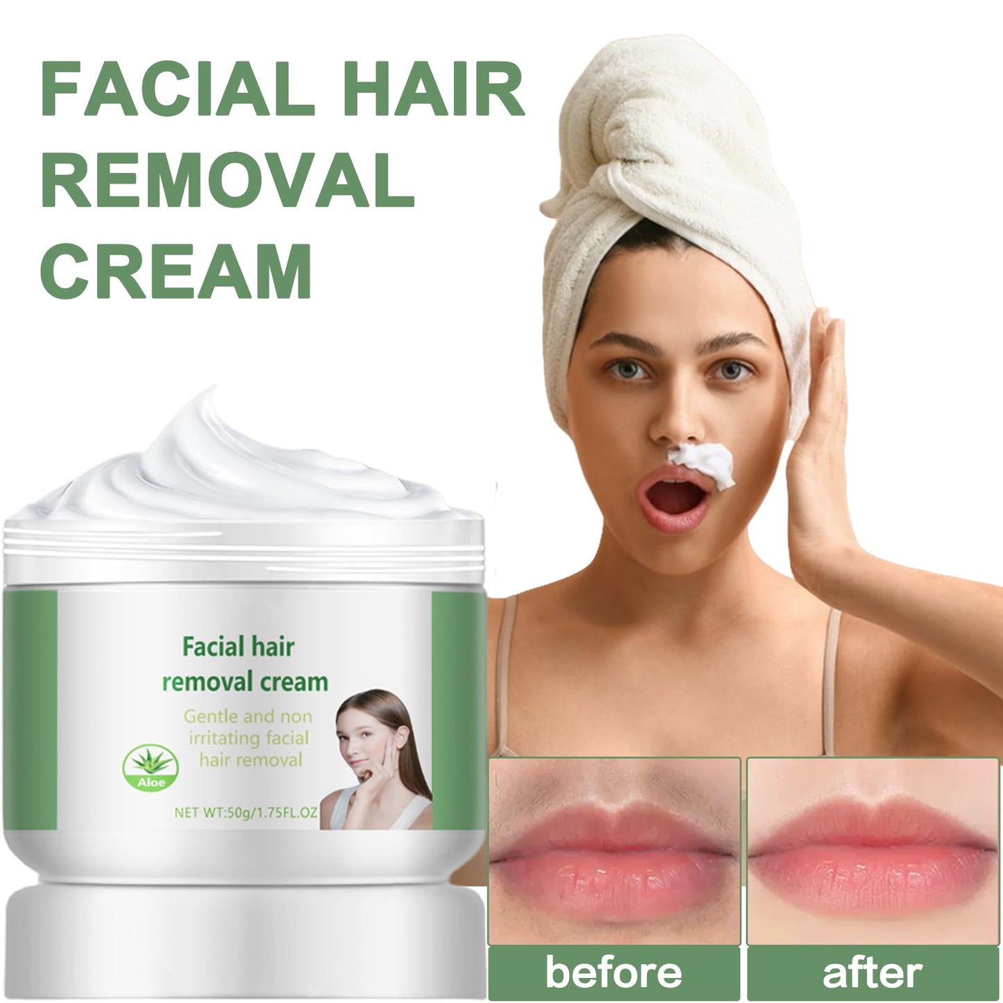 Facial Depilatory Cream, Aloe Vera Hair Remover Cream for Upper Lip and Chin for Women Face Hair Remover for Sensitive Skin Gentle and Non-Irritating (2PCS)