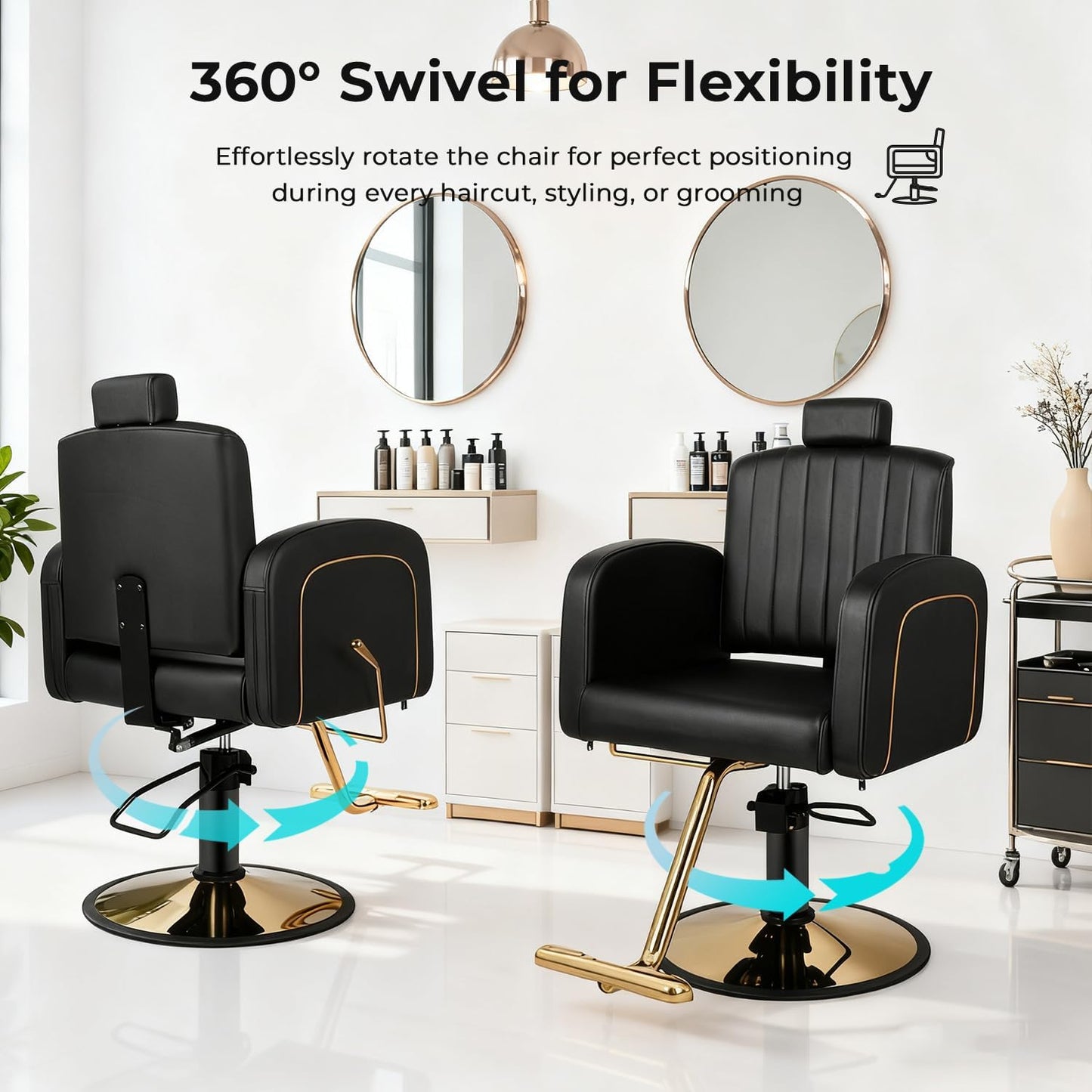 Reclining Salon Barber Chair - Black & Gold Heavy Duty Hydraulic with Adjustable Backrest | Supports 330 lbs, 360° Swivel