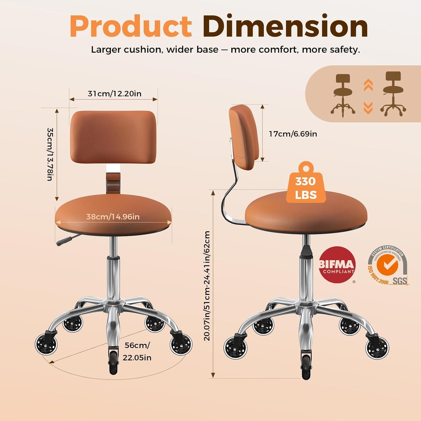 Rolling Stool Chair - Height Adjustable Office Drafting Chair with Back Support | PU Leather Cushion, Camel Color