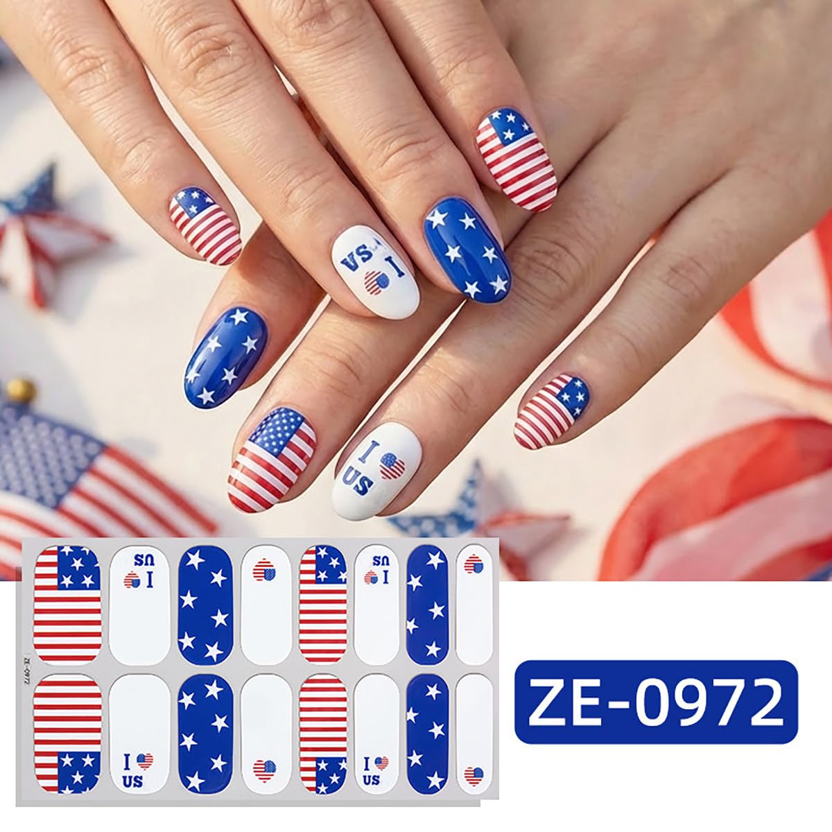 4 Sheets 4th of July Gel Nail Strips American Flag Gel Nail Strips Polish Wraps Supplies Self Adhesive Independence Day Gel Nails Sticker Full Nail Wraps Patriotic USA Designs for Women Manicure Tips