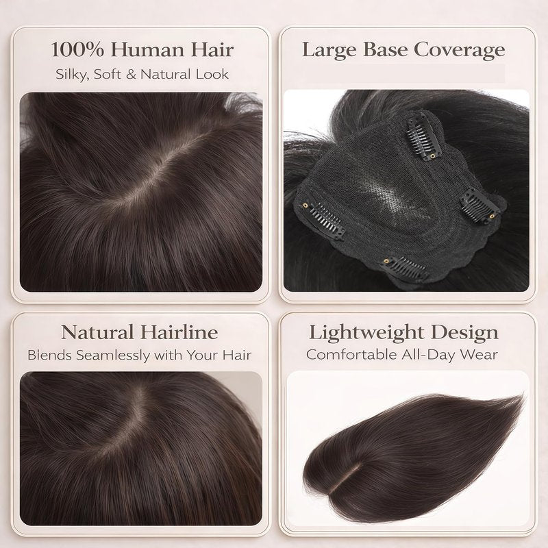 Human Hair Toppers for Women - 360° 3D Clip-In Bangs for Thinning Crown | Chestnut Brown, 16 Inch