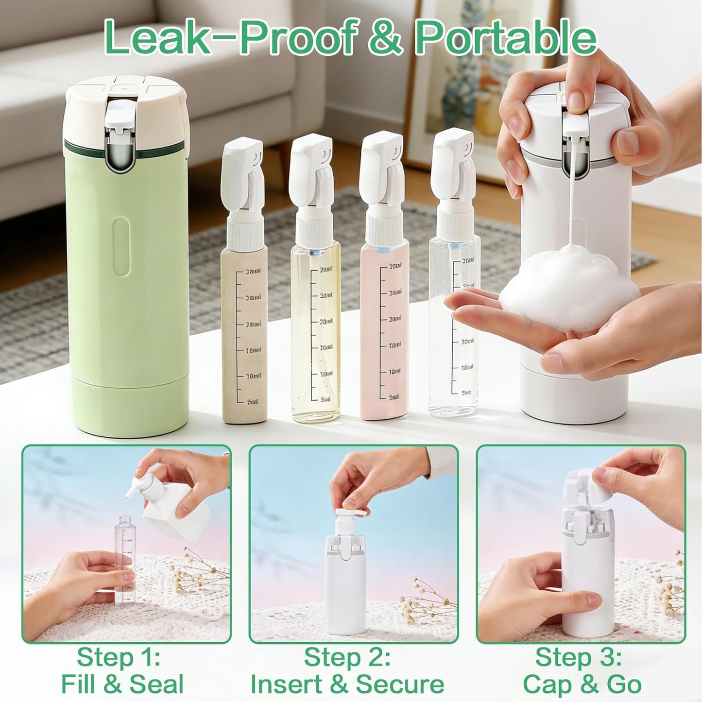 Travel Dispenser Bottle - 4-in-1 Leak-Proof TSA Approved Toiletry Container | Portable Hard Shell with Scale & Labels (White)