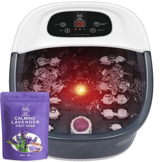 MoodRelish Foot Spa Bath Massager with Heat Bubbles and Vibration Massage and Jets, 16 OZ Calming Lavender Foot Soak Epsom Salt, Foot Soaker with Red Light, 22 Massage Rollers, Adjustable Temp - Grey