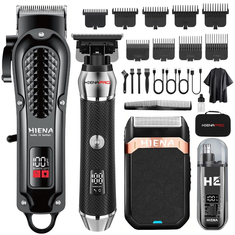 HIENA PRO Professional Cordless Hair Clippers for Men, T-Blade Beard Trimmer & Foil Shaver & Nose Hair Trimmer Set, Rechargeable Electric Barber Hair Cutting Grooming Kit