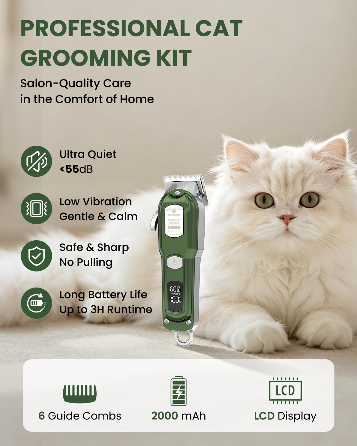 Cat Clippers for Matted Hair - 3-Speed Quiet Cordless Shaver | All-Metal Body Grooming Kit for Long Haired Cats & Dogs