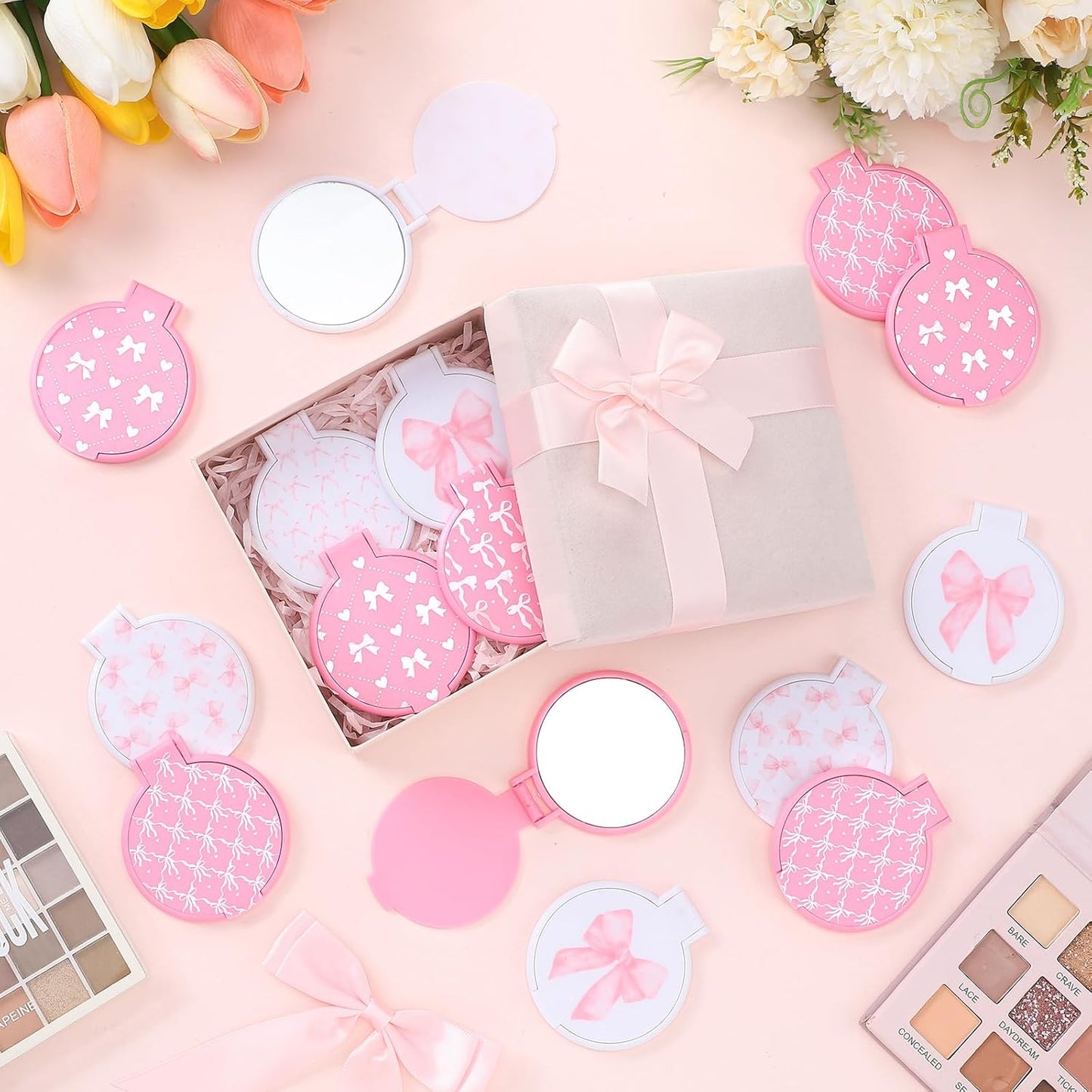 Pink Bow Mini Compact Mirrors - 36 Pcs Portable Round Makeup Mirrors | Perfect Party Favors & Gifts for Women