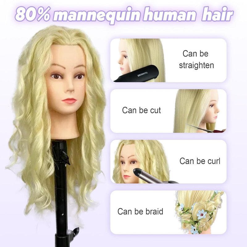 22-Inch Mannequin Head - Real Human Hair Cosmetology Doll for Hairdresser Practice | Blond, Includes Clamp & Tools