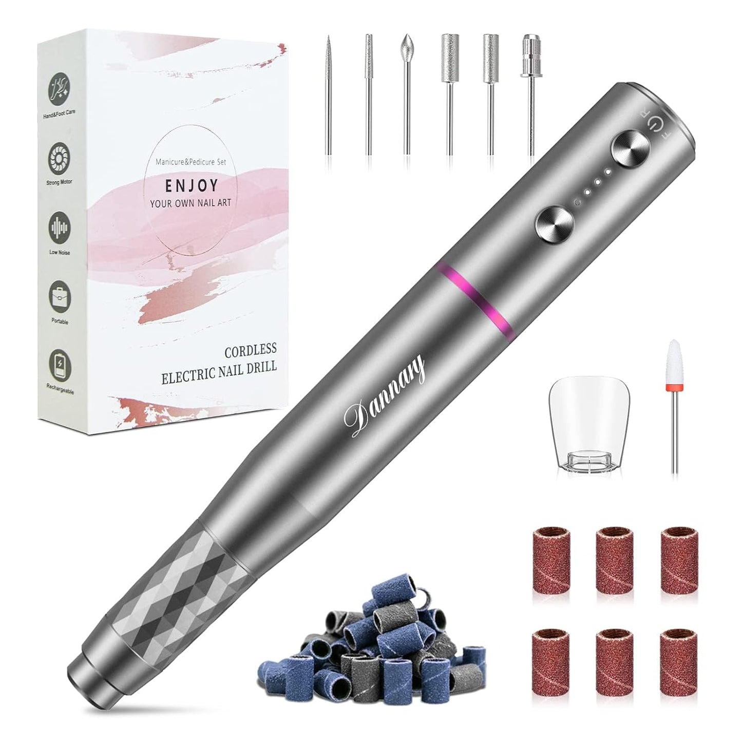 Electric Nail Drill Machine - Professional Cordless Efile Kit for Acrylic & Gel Nails | Rechargeable Manicure & Pedicure, Gray