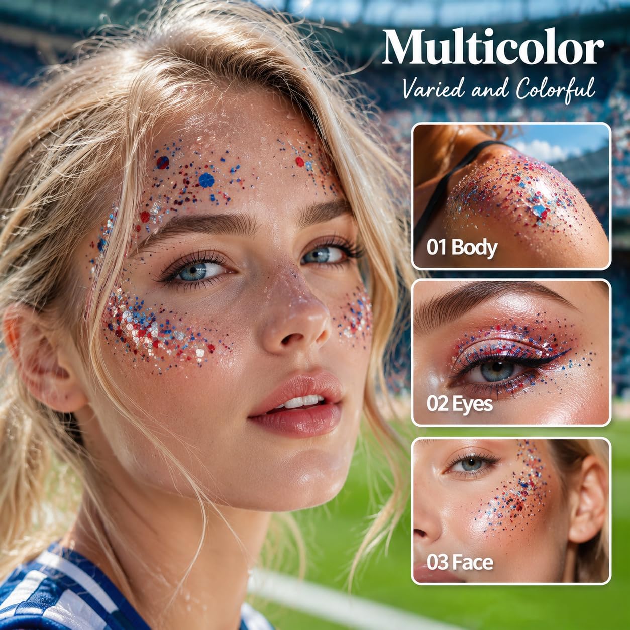 Red White Blue Glitter Stick – Sparkling Hair & Face Glitter Gel, Sequins Glitter Face Paint for Concerts, Rave Accessories, Chunky Sequins Mermaid Style, Halloween & Festival Body Art