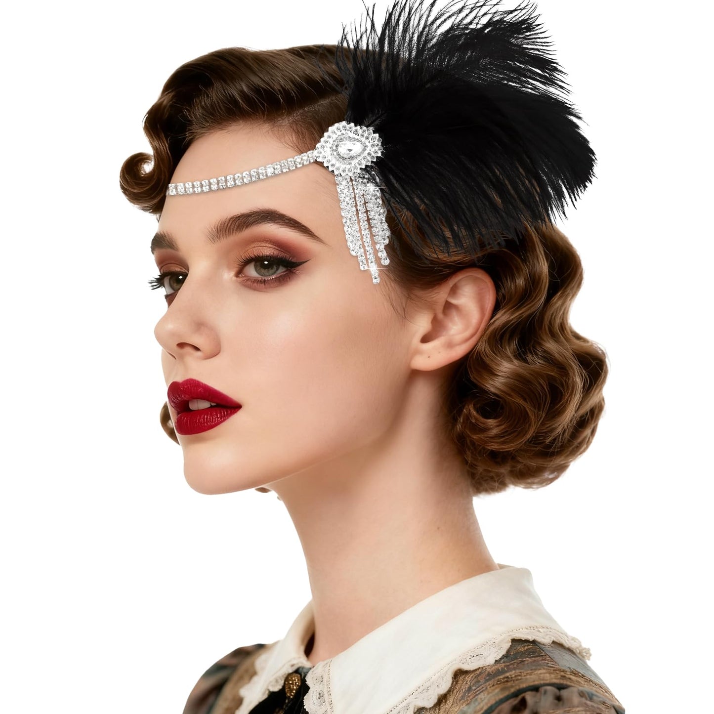 WHAVEL 1920s Flapper Feather Headband Gatsby Headpiece for Women Black Roaring 20s Flapper Inspired Leaf Medallion Crystal Headband Cocktail Party Prom Hair Decorations