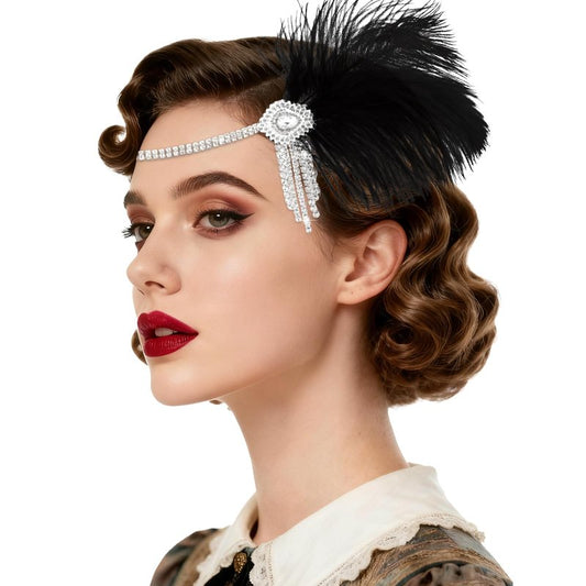 WHAVEL 1920s Flapper Feather Headband Gatsby Headpiece for Women Black Roaring 20s Flapper Inspired Leaf Medallion Crystal Headband Cocktail Party Prom Hair Decorations