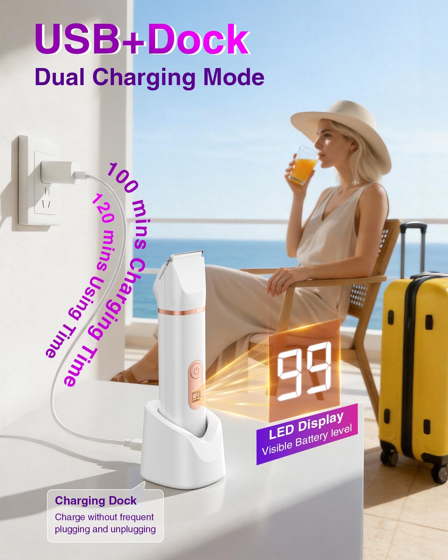 Bikini Trimmer for Women: 3-in-1 LED Display Painless Electric Razor & Shaver for Face, Body & Pubic Hair, IPX7 Waterproof Cordless Body Hair Trimmer, Easy Cleaning & USB Charge Dock, Gift-Ready
