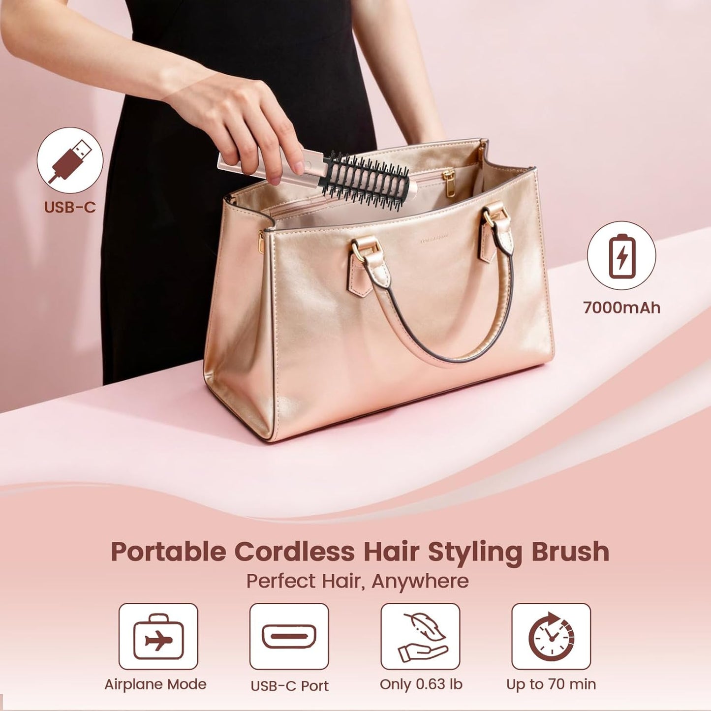 Youbella Cordless Hair Curling Iron Brush - 3-in-1 Mini Heated Round Brush | Portable USB Rechargeable, Pink