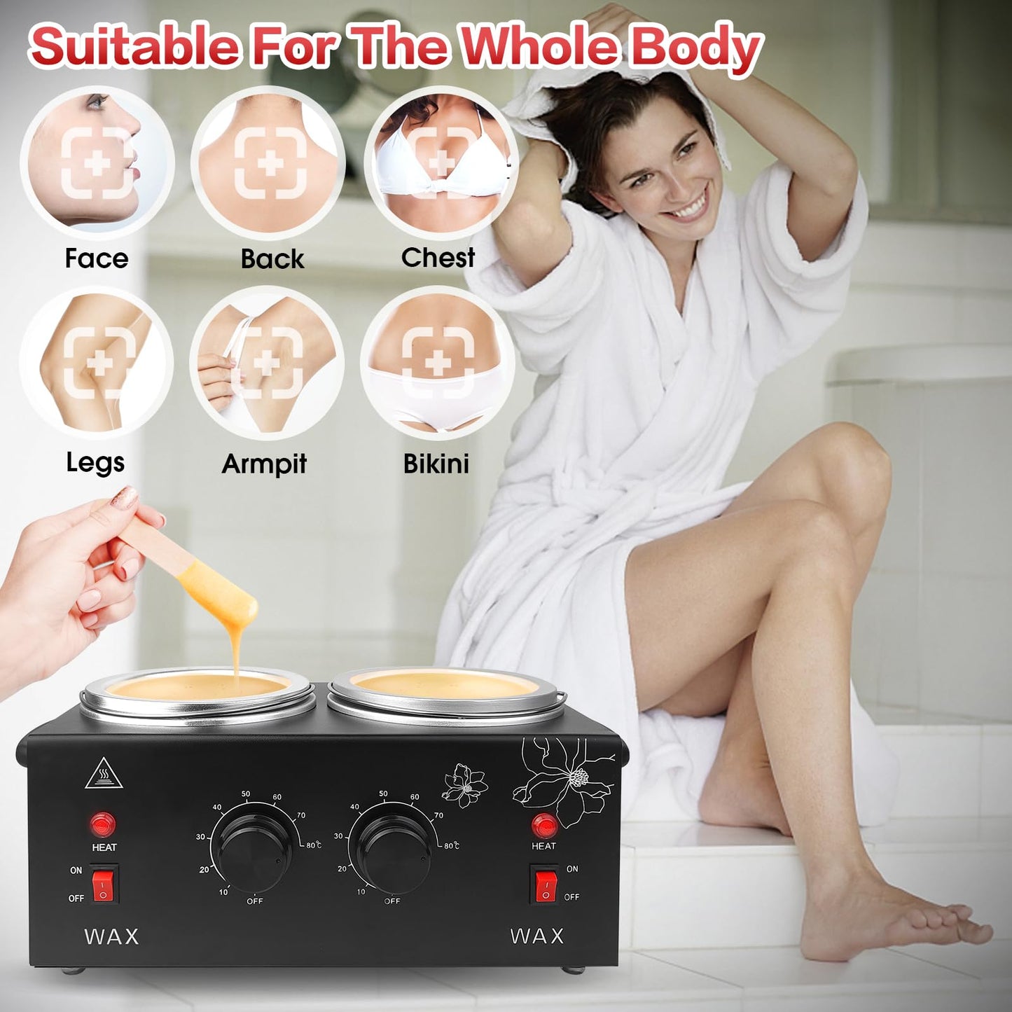 Adoture 600ML Wax Warmer Machine for Hair Removal - Professional Electric Wax Heater with Adjustable Temperature, Silicone Bowl, and 20 Wooden Wax Sticks for Women and Men