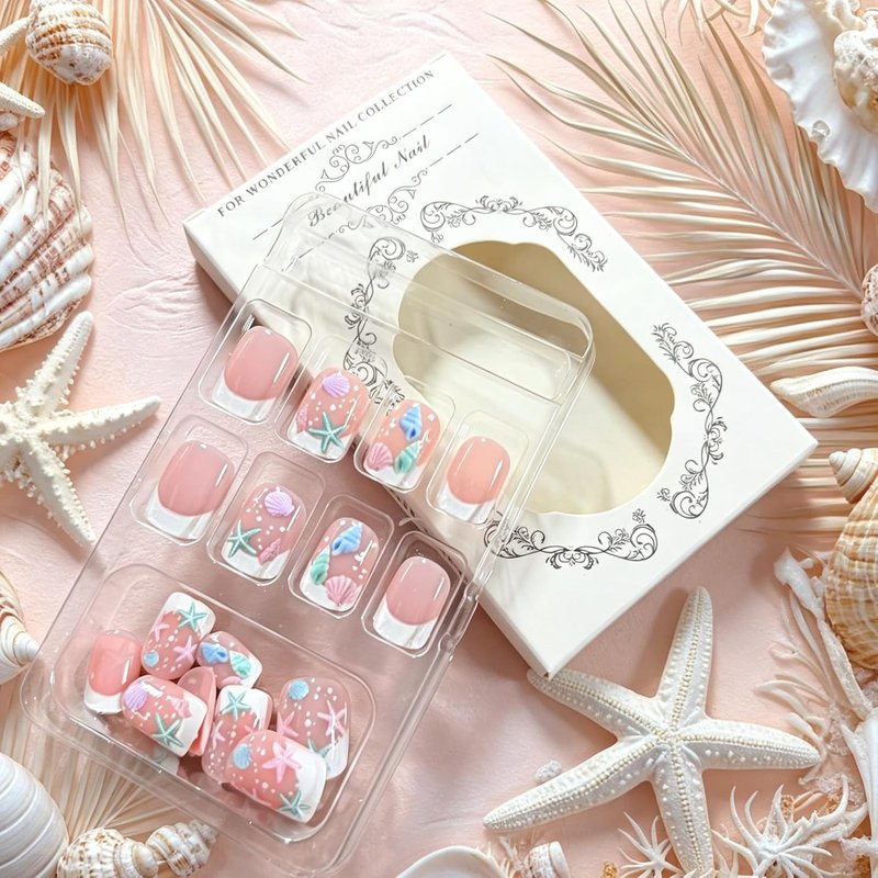 French Tip Press-On Nails - Short Square Glossy Acrylic with 3D Seashell & Starfish Designs | 24 Pcs Reusable Summer Nails