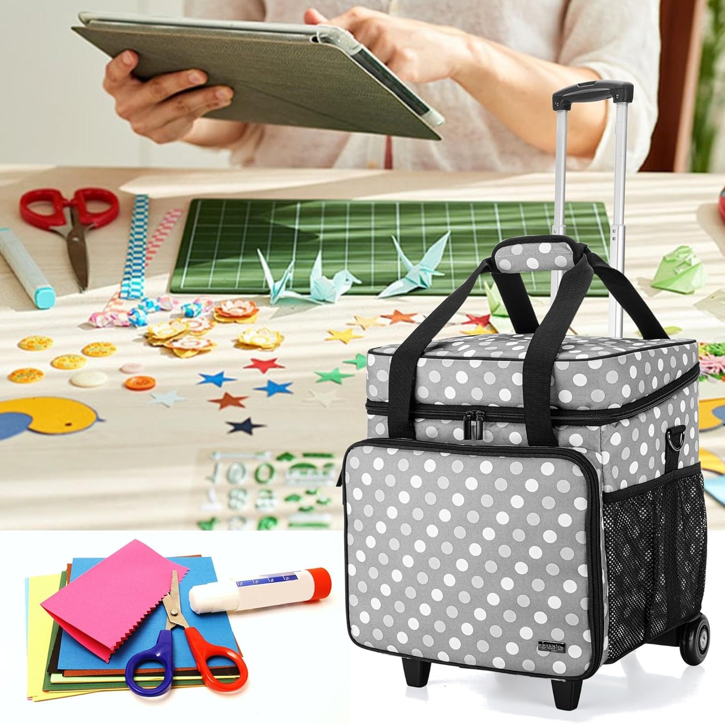 LUXJA Rolling Scrapbook Tote - Detachable Dolly Design for Easy Transport | Gray Dots