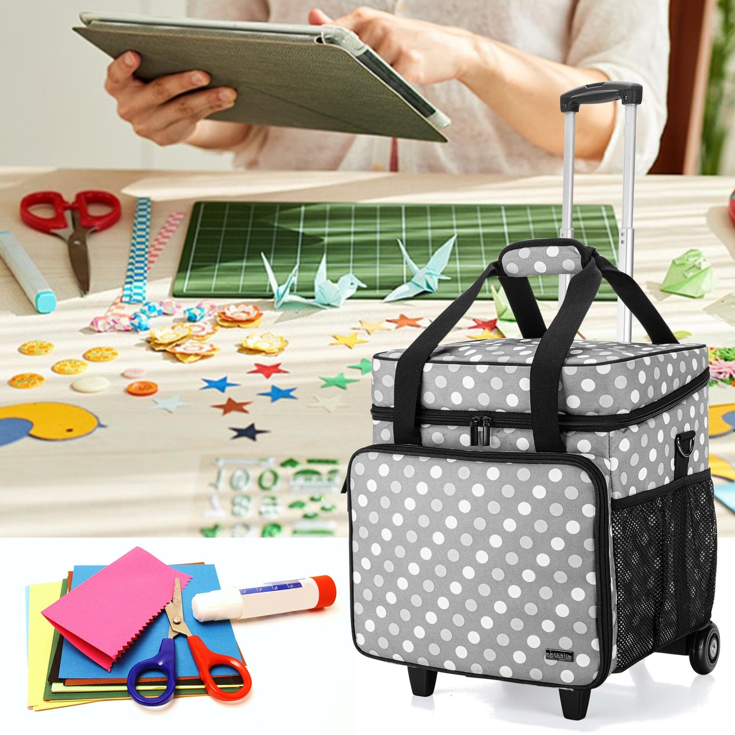 LUXJA Rolling Scrapbook Tote, Scrapbook Bag with Detachable Dolly (Patented Design), Gray Dots