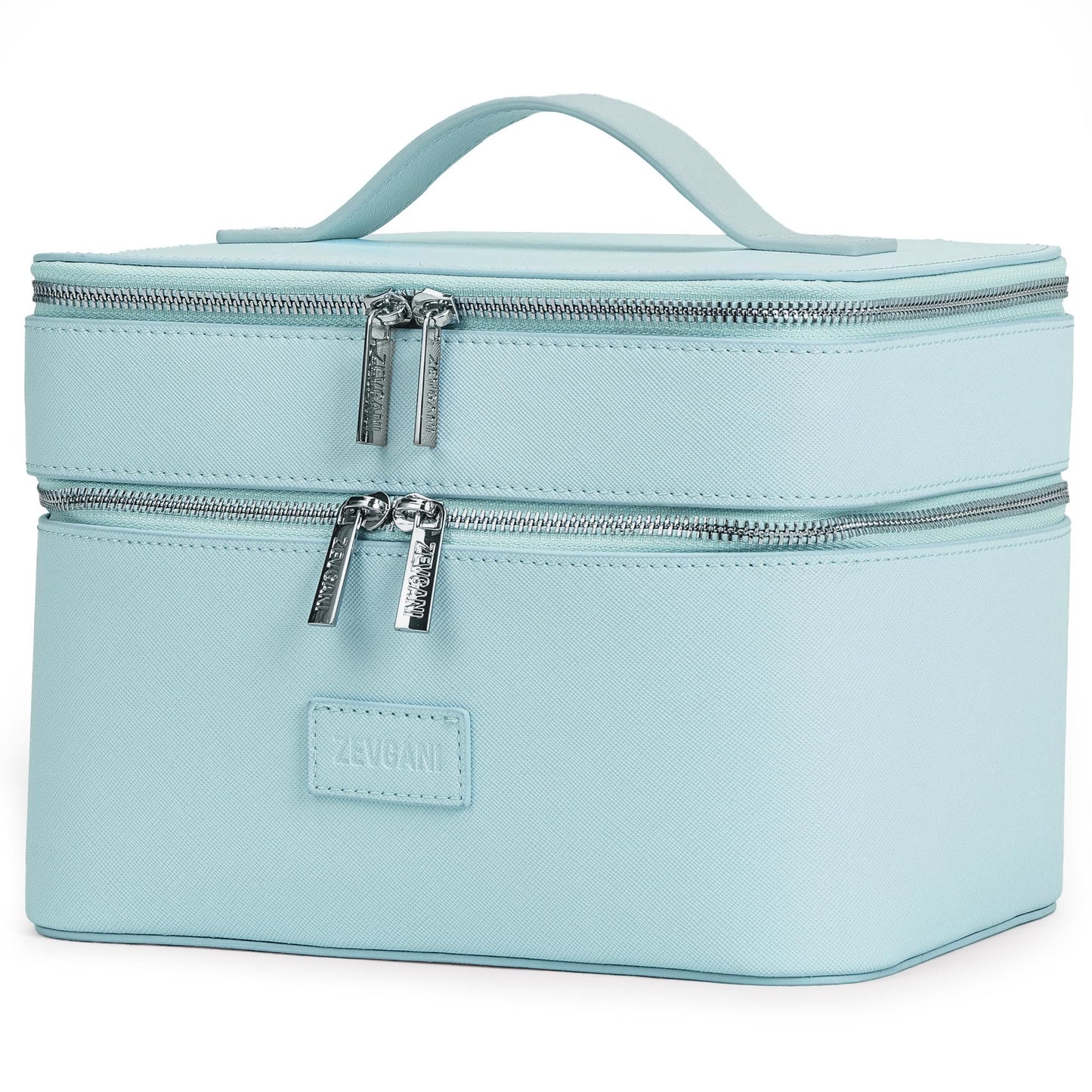 ZEVGANI Travel Makeup Bag Vanity Case with Mirror, Large Toiletry Bag Portable Leather Makeup Bag Organizer with Dual Compartments Removable Dividers for Skincare & Brushes, Blue