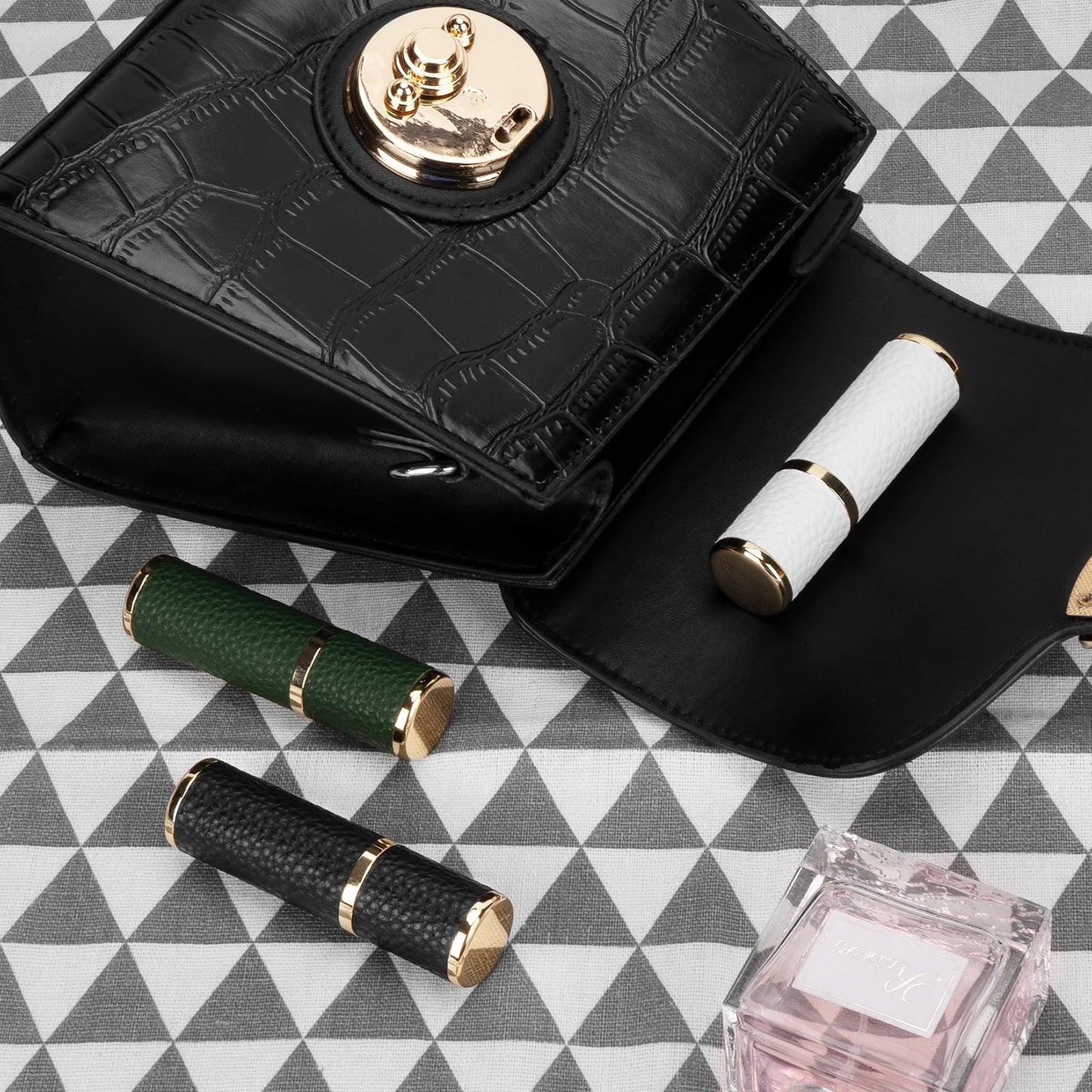 LUEXBOX 3 Pack Portable Perfume Bottle for Travel, Mini Refillable Perfume Dispenser, 5ml Faux Leather Leak Proof Perfume Atomizers Bottles Sprayer for Pocket Perfume (Black, White, Green)