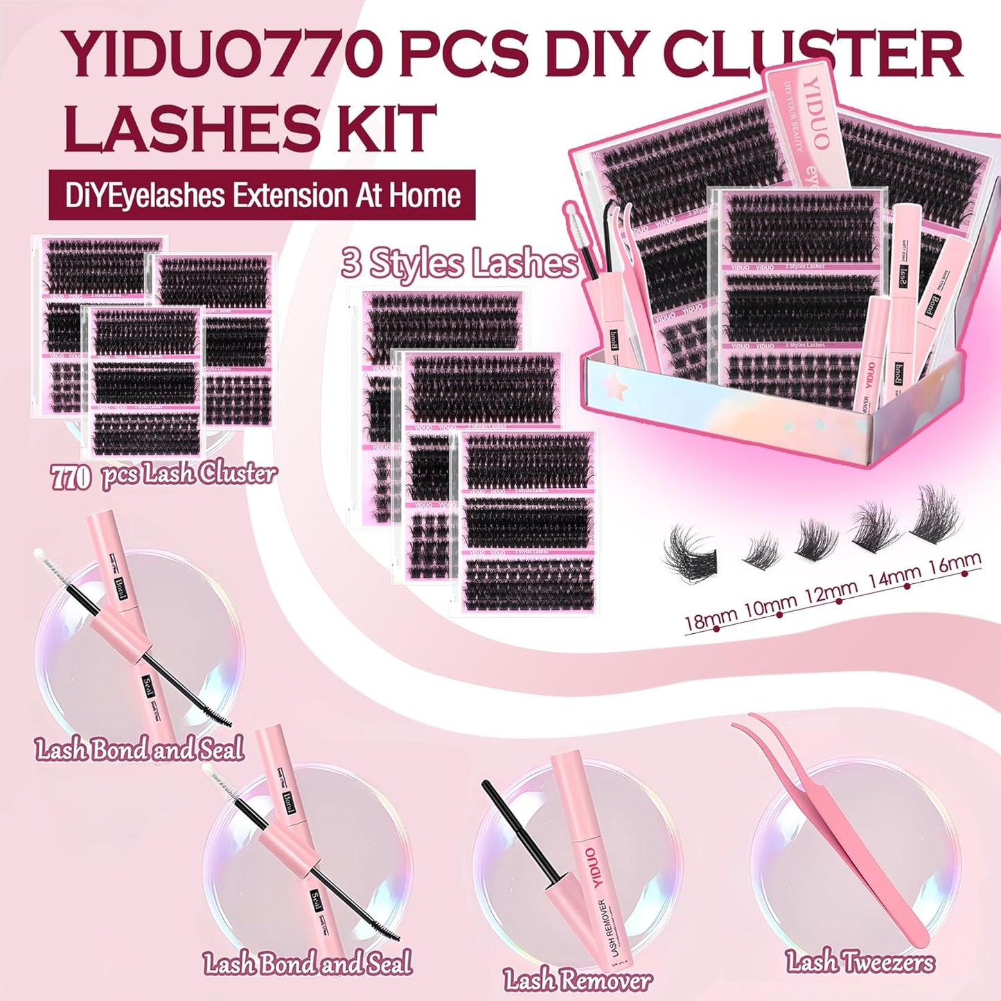 Lash Clusters Kit - 770 Pcs Faux Mink Volume Extensions | 5 Styles for DIY Home Use