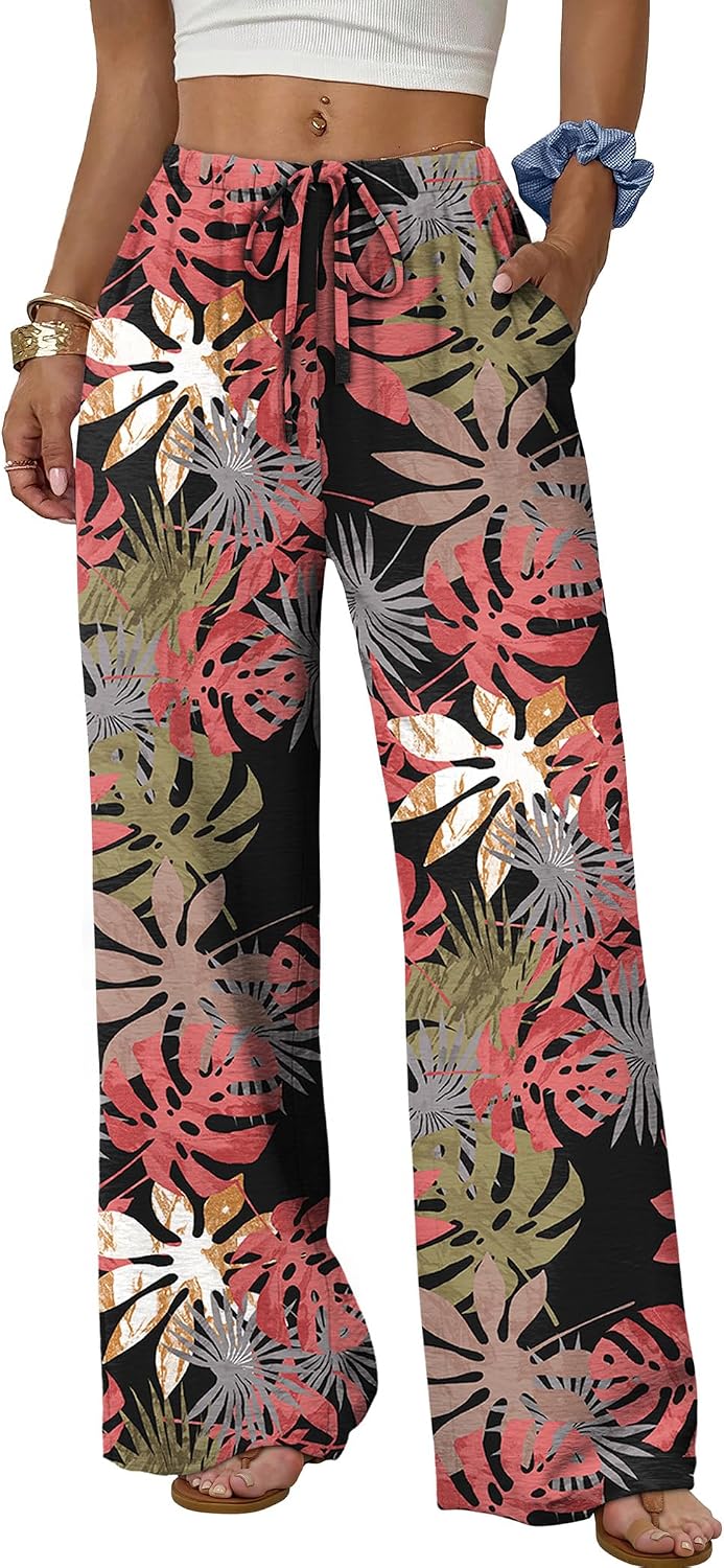 Wide Leg Pants for Women - Flowy Palazzo Trousers with Drawstring & Pockets | Summer Beach Vacation Wear