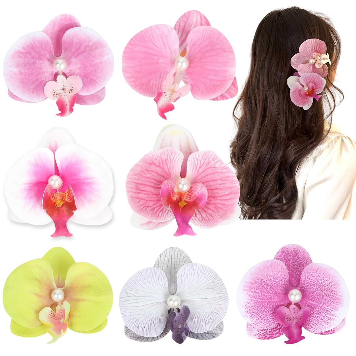 Hawaiian Flower Hair Clips - 7-Piece Set of 4-Inch Tropical Orchid Pins | Perfect for Beach Parties & Luau Outfits