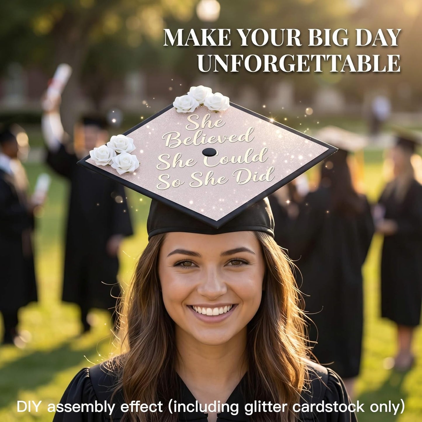 White Glitter Cardstock for Graduation Cap Decorations - 10 Pcs | 9.8 Inch DIY Grad Hat Topper