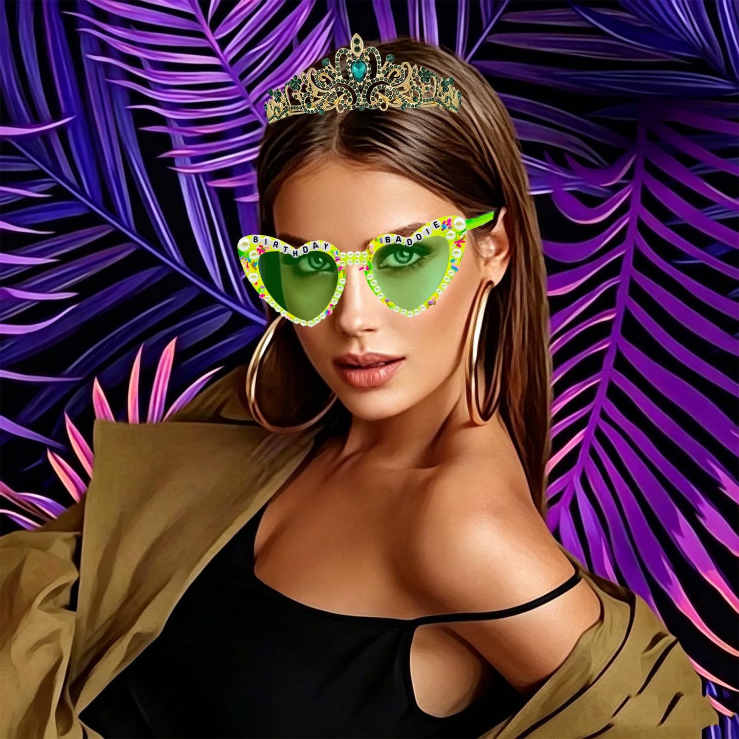 PcwBcn Birthday Baddie Glasses, Green Birthday Queen Sash Tiara Crown for Women Girls, 3 Pcs Elegant Princess Headband Hair Accessories Happy Birth Party Decorations 21st-90th Mom Birth Gifts