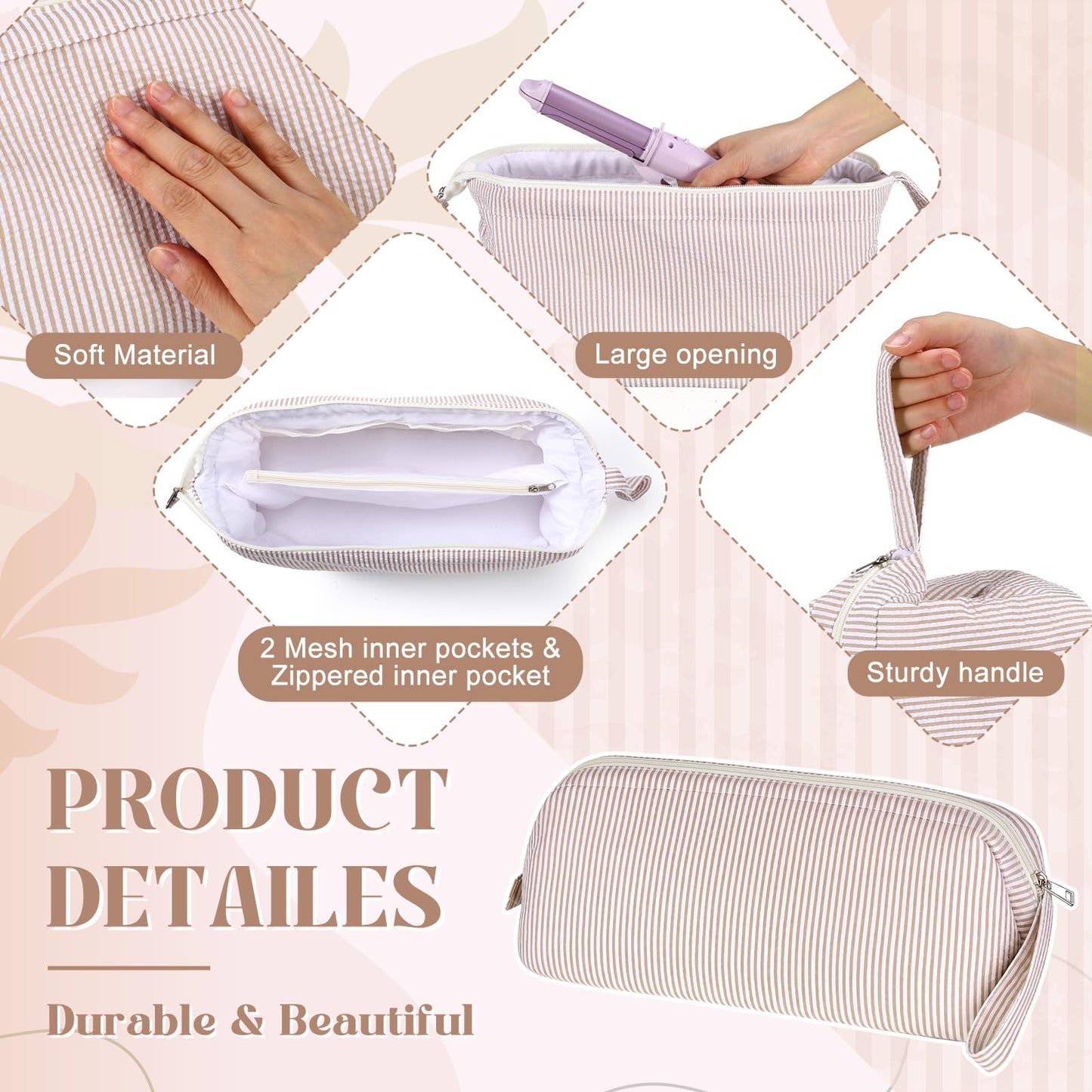 Huhumy Hair Tools Travel Bag with Handle, Large Khaki Striped Seersucker Wide Open Quilted Hot Styling Tool Organizer for Hair Dryer, Curling Irons, Flat Irons, Haircare Accessories Travel Necessities