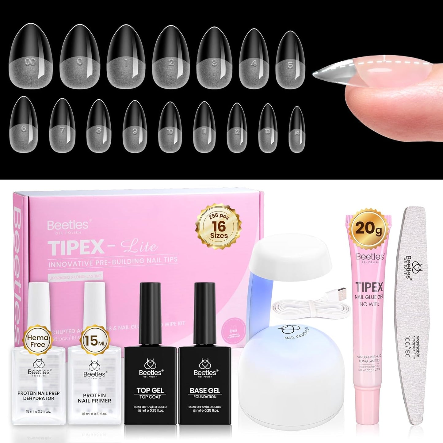 Beetles Tipex Lite Kit - All-in-One DIY Nail Art Set with Mini UV Lamp, 256PCS, Short Almond, 16 Sizes