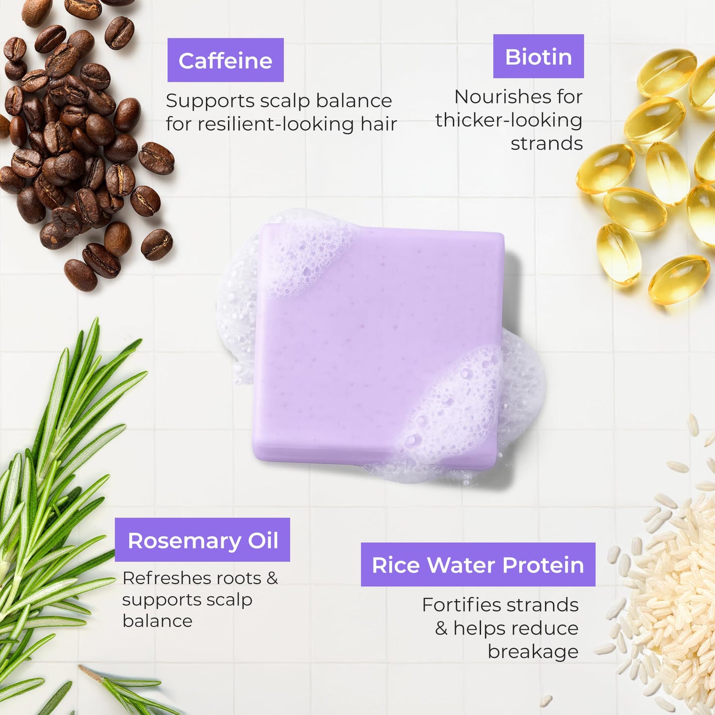 Tree To Tub Rosemary Rice Water Shampoo Bar - Sulfate-Free Strengthening Solid Shampoo with Caffeine & Biotin – Plastic-Free Hair Soap for Thicker-Looking Hair, Natural & Suitable for Sensitive Scalp