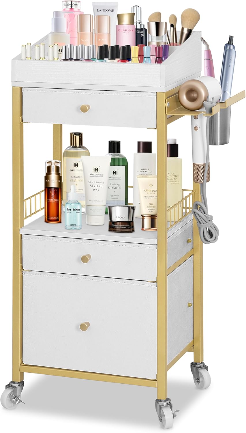 Makeup Organizer Cart - Rolling Vanity Storage with 3 Drawers & Adjustable Dividers | Gold & White