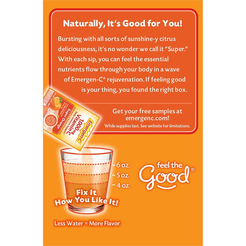 Emergen-C 1000mg Vitamin C Powder for Daily Immune Support Caffeine Free Vitamin C Supplements with Zinc and Manganese, B Vitamins and Electrolytes, Super Orange Flavor - 30 Count