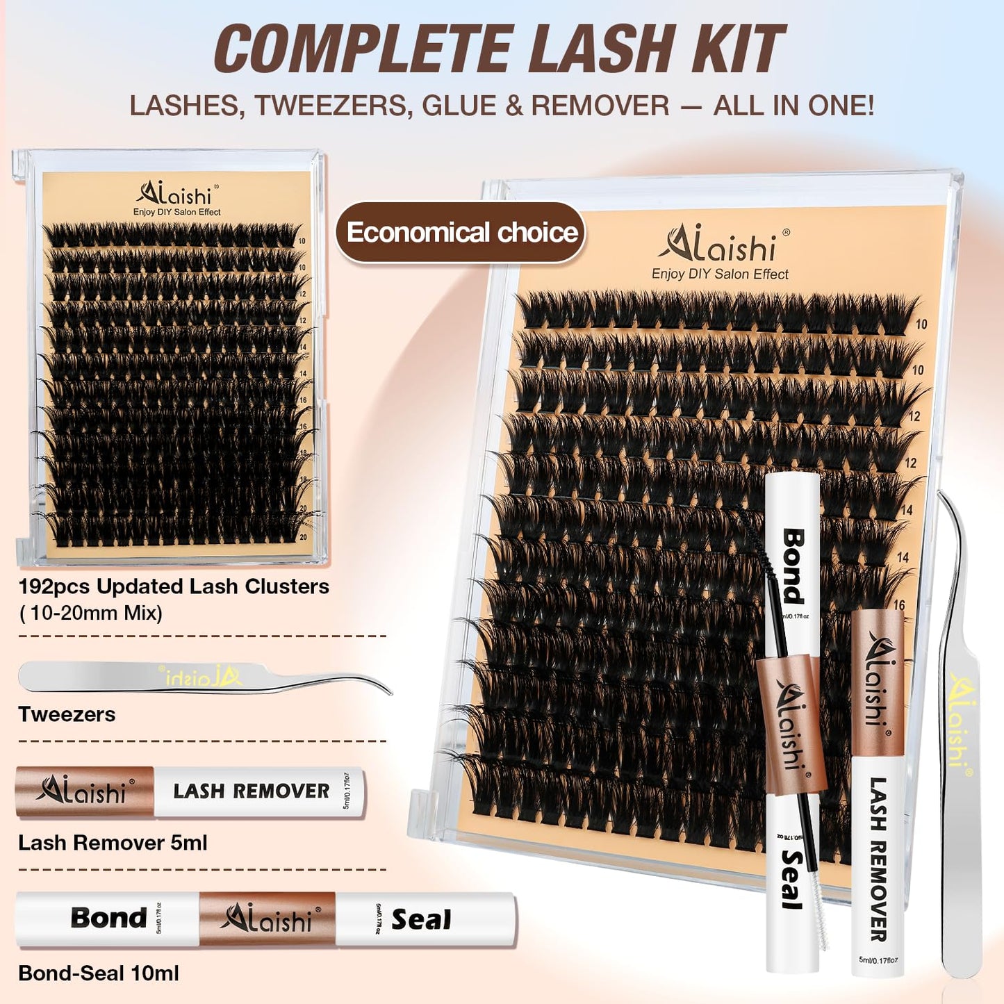 AILAISHI Lash Clusters Kit, DIY Cluster Eyelash Extensions 10‑20mm, 100D, 192pcs Fluffy D Curl Natural Lashes with Bond & Seal,Remover,Tweezers, Fake Cat Eye Individual Clusters