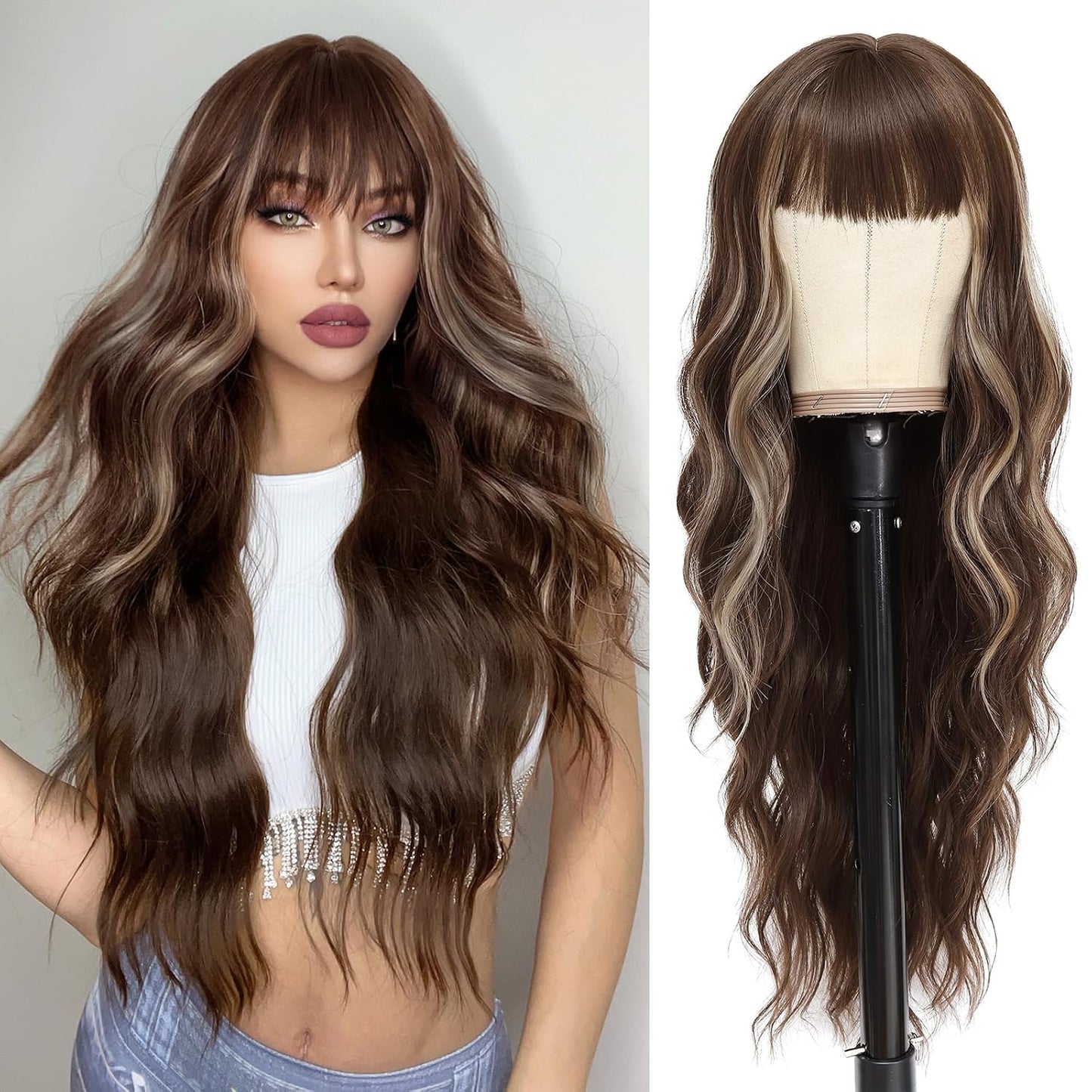 NAYOO Brown Wigs for Women - Long Curly Wavy Hair | Heat Resistant Synthetic Fiber, 24 Inches
