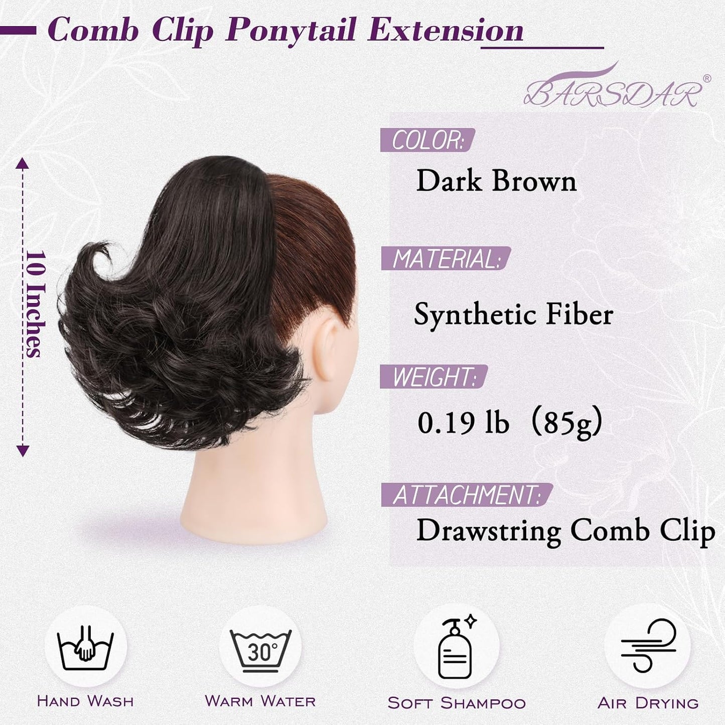 Dark Brown Ponytail Extension - 10 Inch Wavy Drawstring Hairpiece for Women | Synthetic Clip-In Ponytail