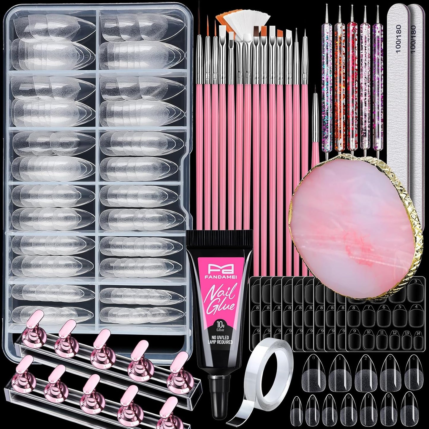 FANDAMEI Nail Art Kit - Complete Nail Design Tools with Brushes, Dotting Tool, Palette | Almond Gel Tips & Glue Set