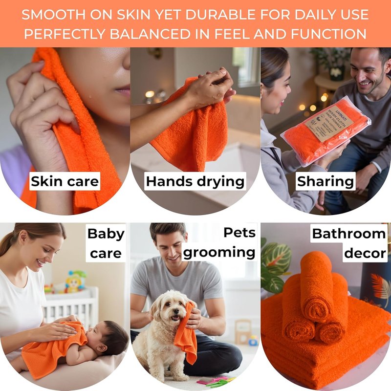 100% Cotton Wash Cloths - Soft Absorbent Terry Towel Set | Orange 12" x 12" - 6 Pack for Adults & Kids